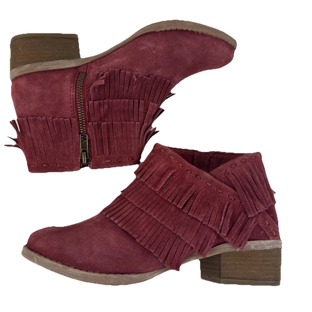 Naughty Monkey Fringe Ankle Boots Women‎ 6.5 Burgundy Suede Boho Western Booties